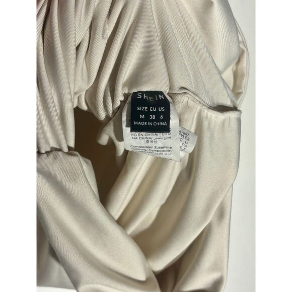 SHEIN Women’s Sleeveless Bodysuit Size M Beige Ruched Side Draped Neck Top - Picture 3 of 4